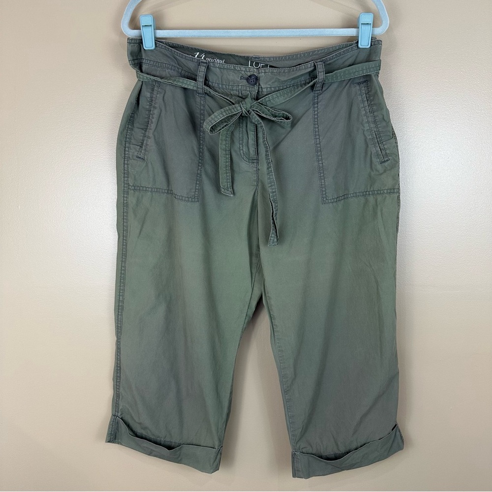 Loft Army Green Cropped Capri Pants with Tie Waist 14 Casual Summer Coastal